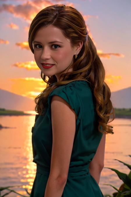 01167-87536390-Pam Beesly standing on the edge of a serene lake, surrounded by a lush forest of vibrant emerald-green trees. The golden rays of.png